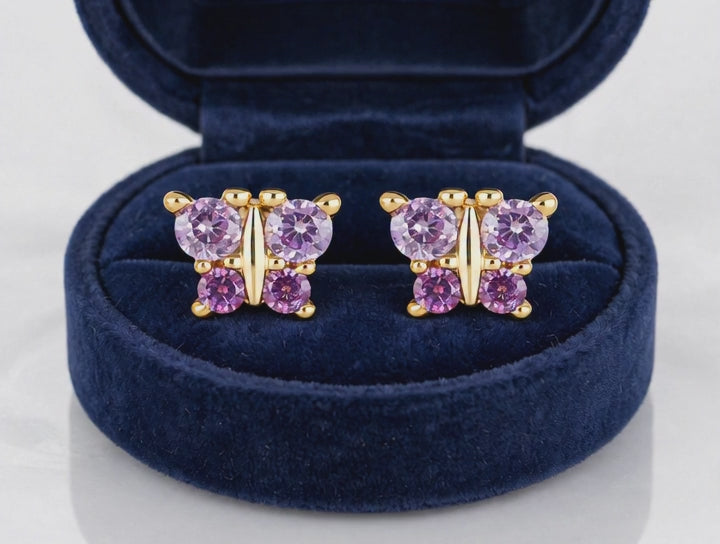 Lilac Butterfly Orthopedic Studs – 18K Gold & Lilac Stones – 6mm